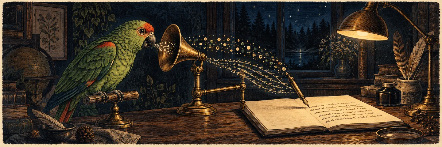 An engraved green parrot speaks into a brass horn as glowing marks become handwriting in an open notebook.